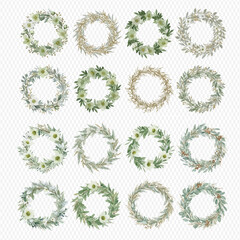 A set of sixteen delicate watercolor wreaths featuring green foliage, white flowers, and rustic branches arranged in a grid.