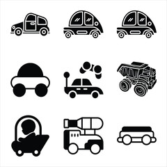 Obraz premium Black And White Car Icons Featuring Baby Car Toy Car And Dump Truck