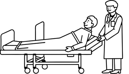 Doctor visit a patient lying in a intensive care hospital bed. Health worker examine patients health in clinic. Hospitalization concept. Vector illustration.       
