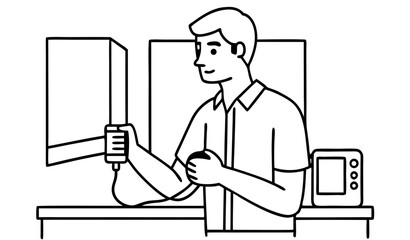 Man with hypertension checking heart health with blood pressure monitor at home. Vector illustration.          
