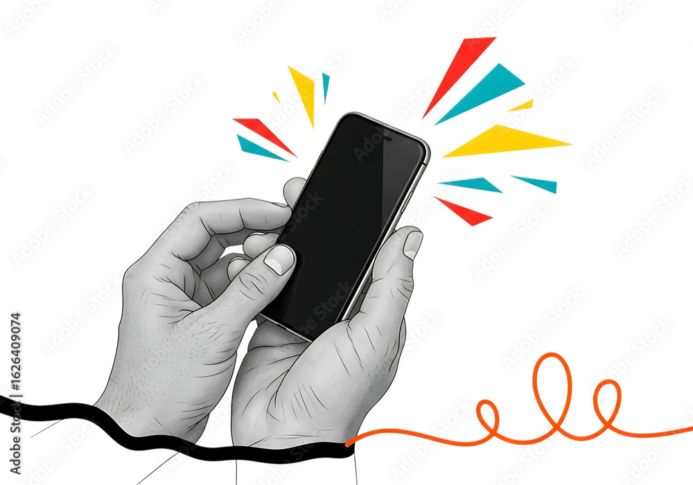 Poster illustration of closeup of a hand holding a smartphone with colorful abstract shapes emanating from 