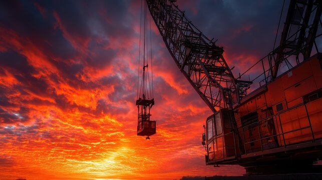 Construction Crane Sunset: Industrial Heavy Lifting & Scenery