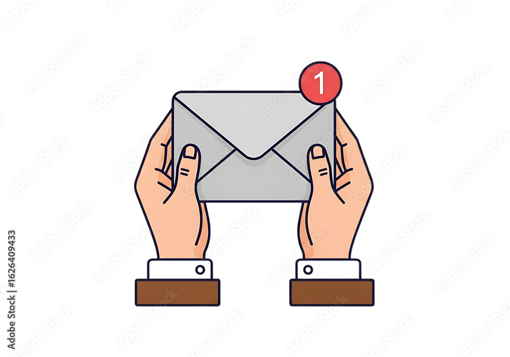 Poster illustration of hands holding a gray envelope with a red notification bubble showing the number one,