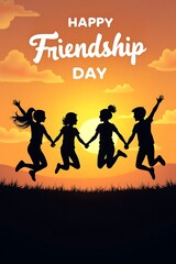 Joyful friends celebrating friendship day with a sunset jump