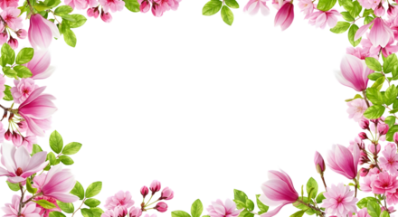 Pink flowers and green leaves form a decorative floral border frame, perfect for a spring or summer design