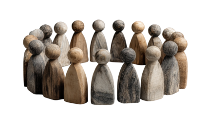 Circular grouping of stylized wooden figures.  Many small,  simple figures, various shades of brown and gray, form a close circle