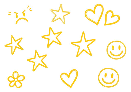Illustration of collection of yellow handdrawn stars, hearts, and smiley faces isolated on transparent background - Powered by Adobe