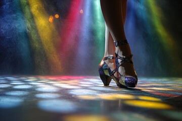 Fototapeta premium Tap Dancers Feet Clicking Heels on Polished Stage