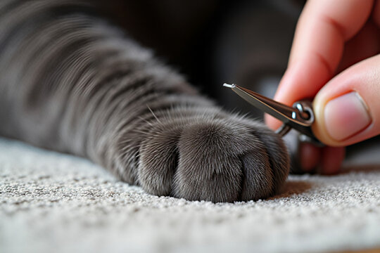 Cat grooming session highlights the gentle care of trimming nails in a cozy indoor setting during daylight hours