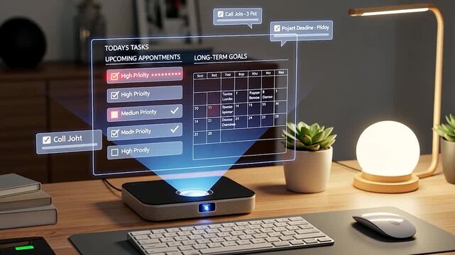 Futuristic Desk Setup with Projected Calendar and Task Management System.