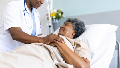 Obraz premium Close-up of a nurse in a blue gown gently holding the hand of a patient in a hospital bed, symbolizing care, empathy, and support in a medical setting