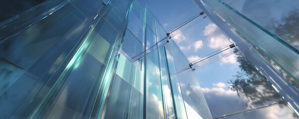 Low angle perspective of a modern glass building with sky and cloud reflections.