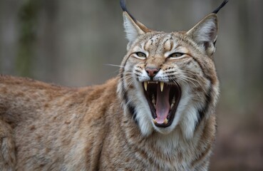 Obraz premium Lynx cat portrait in forest landscape. Brown fur, sharp canines, open mouth. Large pointed teeth, perked up ears, alert expression. Wild animal face close-up.