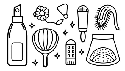 Hair care cosmetic products, accessories stickers set. Silk pillow, scalp massager, hairdryer, heatless curl band and other beauty elements. Modern cartoon concept. Vector illustration       