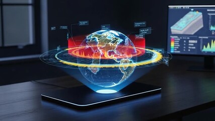 Futuristic Earth Hologram Displaying Data and Scientific Analysis in Motion. - Powered by Adobe