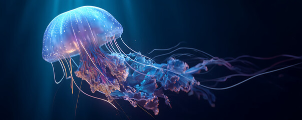 A majestic bioluminescent jellyfish glowing with ethereal light in the deep ocean
