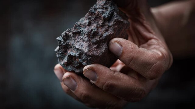 Rare earth mineral rock held in hand with rough texture and dark background creating natural earthy feeling and beauty