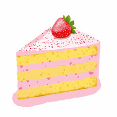 A delicious slice of layered strawberry cake with fresh fruit and pink frosting
