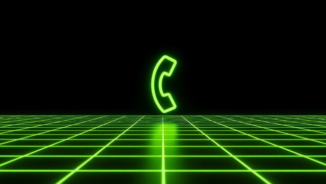 Retro Neon Phone Symbol Floating Above Digital Grid Displaying Futuristic Communication Technology