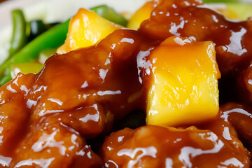 Close-up of glazed chicken pieces with pineapple, served with green vegetables. A sweet and savory delight, tempting the taste buds.
