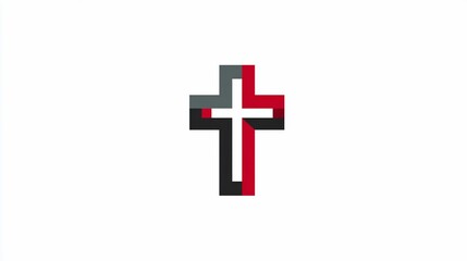 Obraz premium A stylized Christian cross, outlined in black with red and gray sections, set against a white background. The arms of the cross intersect in a geometric design