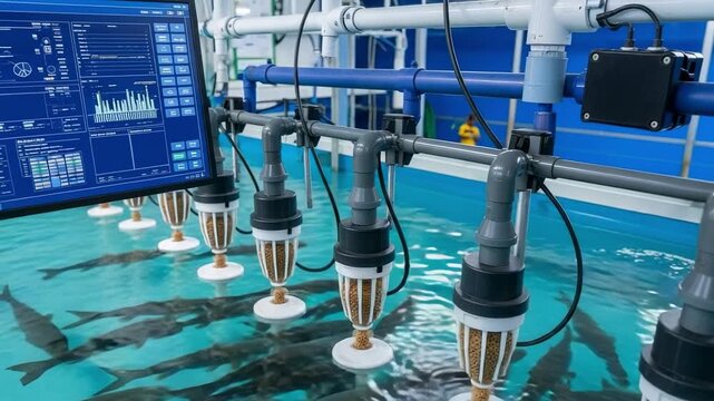 High-tech fish farm with automated feeding system and computer monitoring. Sturgeon swimming in a large indoor aquaculture tank.