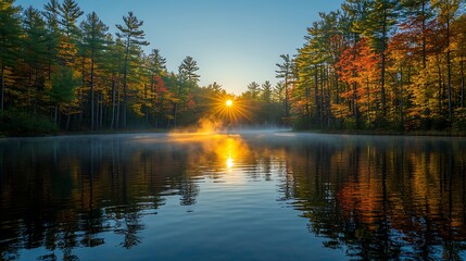 Fototapeta premium Autumn sunrise over a tranquil lake, showcasing vibrant fall foliage reflected in the still water.