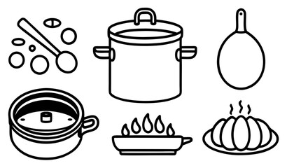 Food set. How to boil eggs instruction collection. Cooking pan with boiling water on stove and other cooking elements. Modern cartoon concept. Vector illustration.    