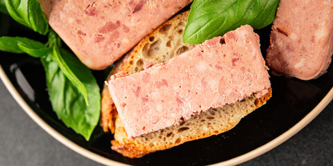 Pate meat peppers pork liver, pork meat riyet fresh delicious gourmet food background on the table rustic food top view copy space
