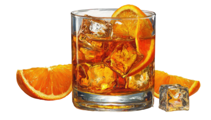 Glass of amber cocktail with ice and orange slices