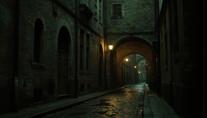 Obraz premium Narrow alleyway in Gothic building architecture. Cobblestones, arched openings, pointed arches, small windows. Dark sky, somber atmosphere, trees line the street. Cobblestones glisten under light.