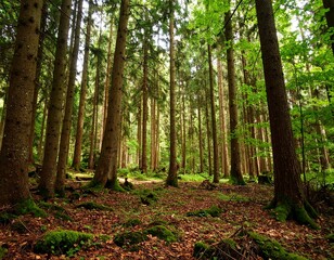 Sunlight Through Towering Trees and Forest Floor Littered with Leaves and Moss