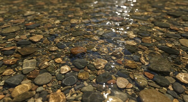 Shallow stream water flowing over smooth river rocks creating shimmering light patterns on the stones