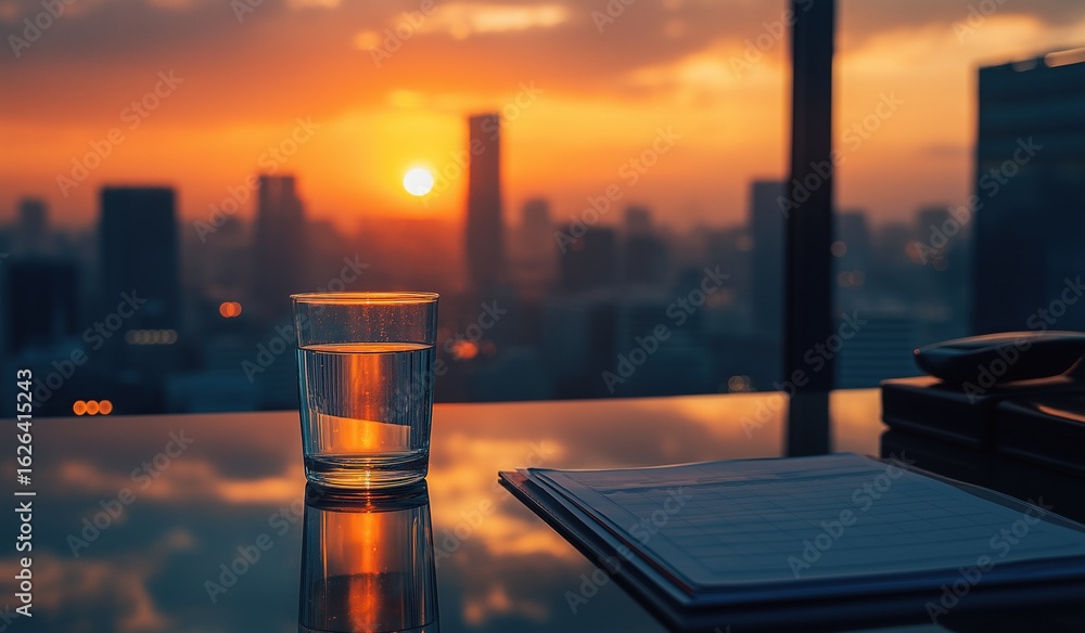 Poster glass of water on office table with skyline sunset view and notebook, business background concept wi