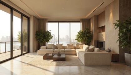Fototapeta premium Luxury living room in Dubai tower block. Elegant, contemporary space features beige sofa, coffee table, armchair, floor lamp. Natural light from large window, wooden floor warmth. Serene atmosphere,