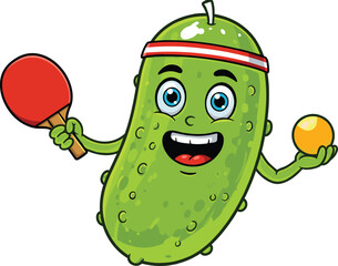 Funny cartoon pickle playing ping pong, cute vegetable character with paddle and ball, smiling mascot for sports and healthy lifestyle