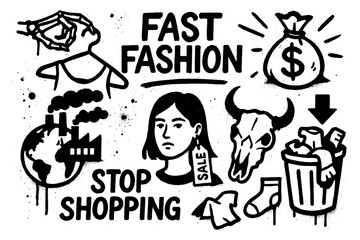 Fast fashion protest icons with clothing, skull, and recycling symbols in graffiti style, Transparent Background