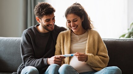 Happy pregnant couple holding positive pregnancy test smiling at home