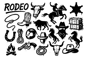 Rodeo cowboy elements in bold graffiti style, Transparent Background