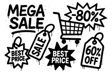 Graffiti style sale and clearance shopping icons with price tags and promo labels, Transparent Background
