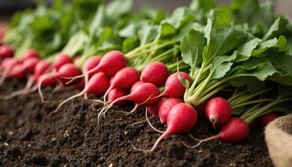 Fresh red radishes neatly arranged in garden bed. Red radish roots contrast with earthy brown soil and green leaves. Radish crop in garden bed with ceramic vase and possibly mulched soil.