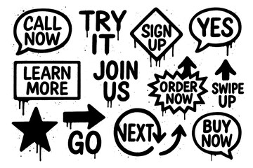 Call to action buttons in bold street art style with text like “Call Now” and “Buy Now”, Transparent Background