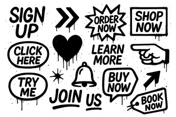 Call to action buttons in bold street art style with text like “Call Now” and “Buy Now”, Transparent Background