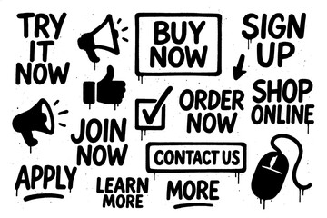 Call to action buttons in bold street art style with text like “Call Now” and “Buy Now”, Transparent Background