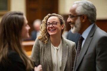 Friendly interaction between a legal professional and a witness or client before a hearing, representing confidence, professionalism, and courtroom etiquette.