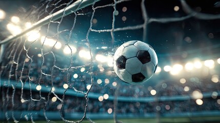 Soccer ball hitting the back of the net in a crowded stadium