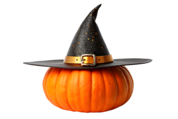 A single carved halloween pumpkin wearing a witch hat, isolated on transparent background