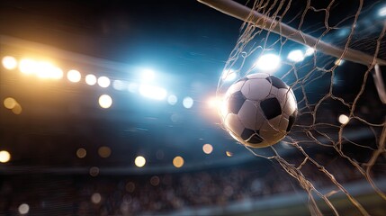 Soccer ball hitting the back of the net in a crowded stadium
