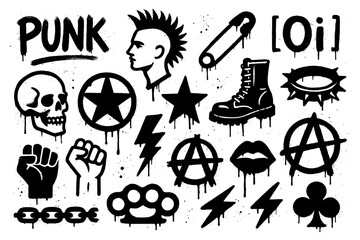 Punk subculture icons with mohawk, skull, anarchy symbol, and guitar in graffiti stencil style, Transparent Background