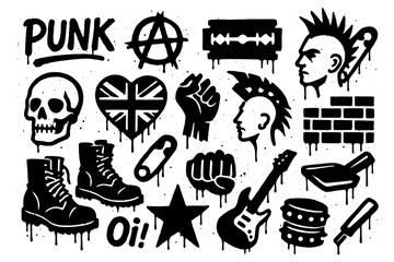 Punk subculture icons with mohawk, skull, anarchy symbol, and guitar in graffiti stencil style, Transparent Background